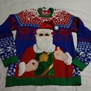 Ugly Christmas Sweater Men's Med 38-40 Cool Santa Dude 3D Beard Hat SKI Style